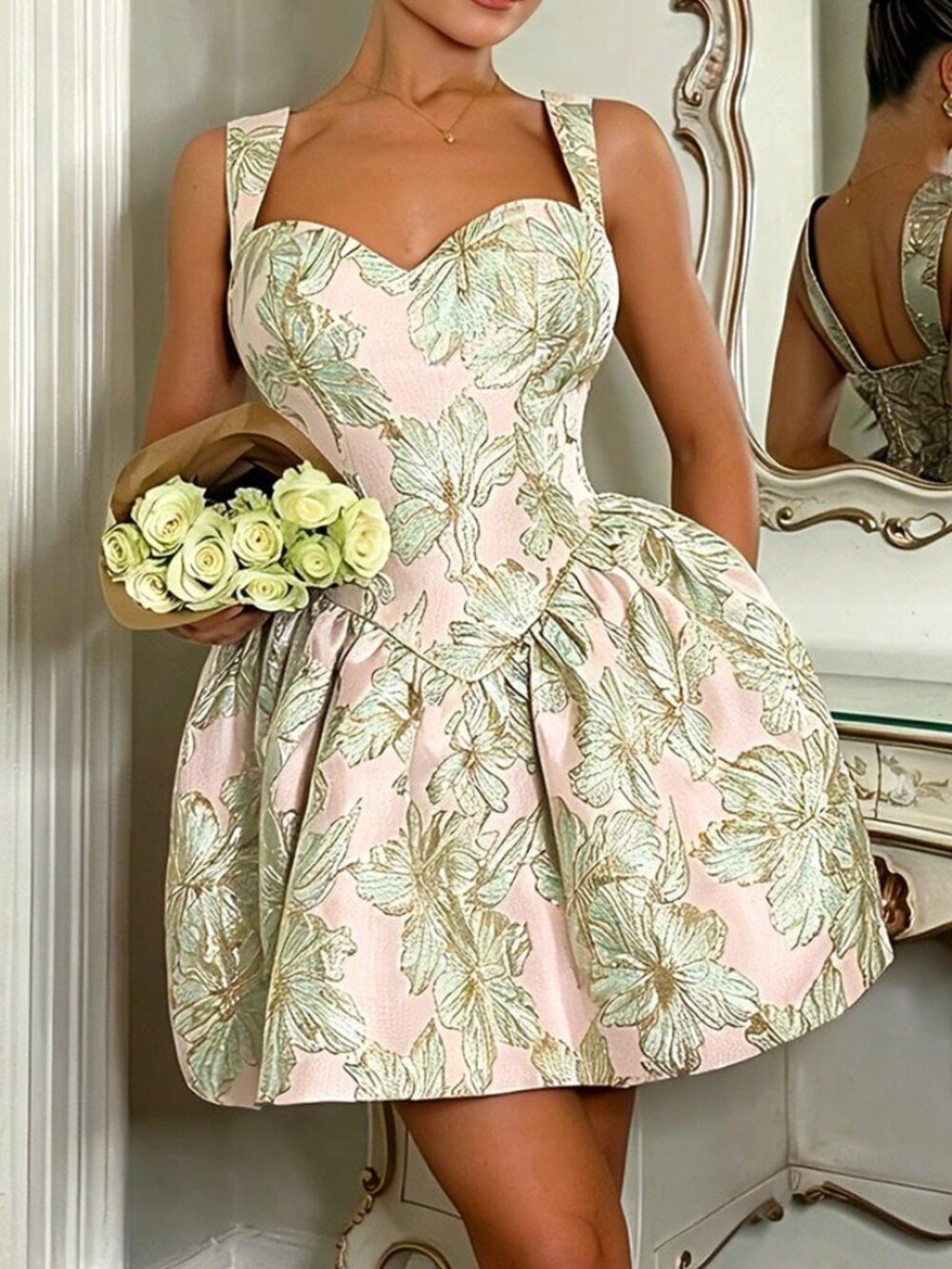 Green Elegant Women's Jacquard Waist-Cinching Dress